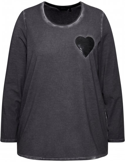Ulla Popken Cold Dyed Sequined Heart Long Sleeve Tee Asphalt - Trykte T-shirts til kvinder - Printede T-shirts til Damer