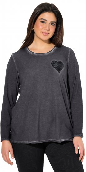Ulla Popken Cold Dyed Sequined Heart Long Sleeve Tee Asphalt - Trykte T-shirts til kvinder - Printede T-shirts til Damer