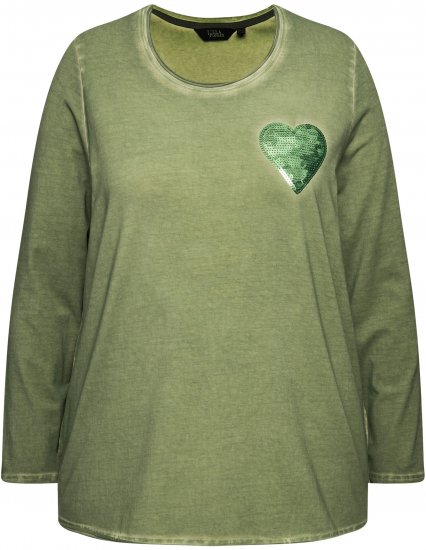 Ulla Popken Cold Dyed Sequined Heart Long Sleeve Tee Sage Green - Trykte T-shirts til kvinder - Printede T-shirts til Damer