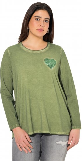 Ulla Popken Cold Dyed Sequined Heart Long Sleeve Tee Sage Green - Trykte T-shirts til kvinder - Printede T-shirts til Damer
