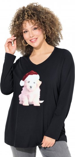Ulla Popken Puppy Graphic Christmas Long Sleeve T-Shirt Black - T-shirts - 