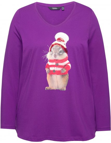 Ulla Popken Christmas Squirrel Long Sleeve Graphic Tee Dark Purple - Trykte T-shirts til kvinder - Printede T-shirts til Damer