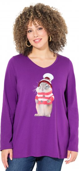 Ulla Popken Christmas Squirrel Long Sleeve Graphic Tee Dark Purple - Trykte T-shirts til kvinder - Printede T-shirts til Damer