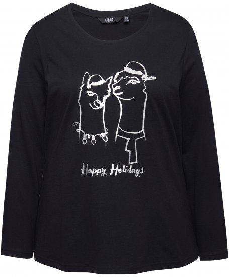 Ulla Popken Metallic Graphic Holiday Tee Black - Trykte T-shirts til kvinder - 