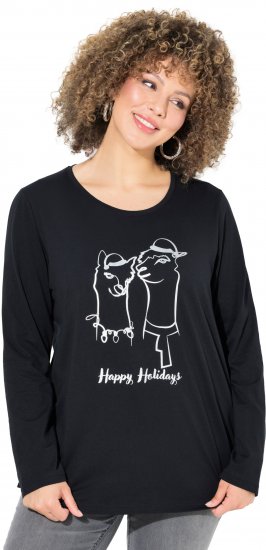 Ulla Popken Metallic Graphic Holiday Tee Black - Trykte T-shirts til kvinder - 