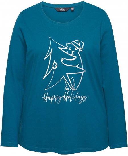Ulla Popken Metallic Graphic Holiday Tee Teal - Trykte T-shirts til kvinder - 