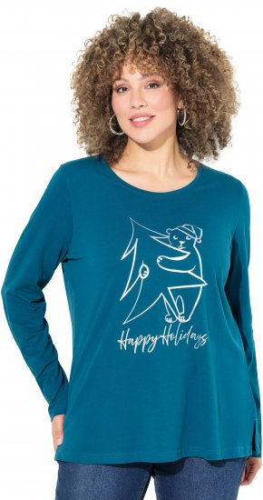 Ulla Popken Metallic Graphic Holiday Tee Teal - Trykte T-shirts til kvinder - 