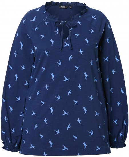 Ulla Popken Swallow Print Long Sleeve Tee Ink Blue - Trykte T-shirts til kvinder - 