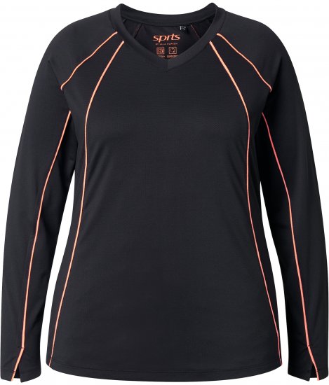 Ulla Popken UPF 50+ Contrast Piping Long Sleeve Tee Black - Trykte T-shirts til kvinder - 