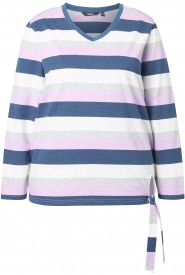 Ulla Popken Striped Knotted Hem Long Sleeve Tee Lavender - Trykte T-shirts til kvinder - 