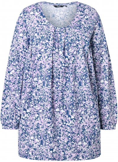 Ulla Popken Allover Printed Pleated Long Sleeve Tee Dark Blue - Trykte T-shirts til kvinder - 