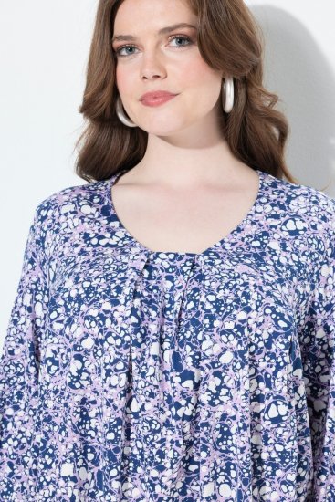 Ulla Popken Allover Printed Pleated Long Sleeve Tee Dark Blue - Trykte T-shirts til kvinder - Printede T-shirts til Damer