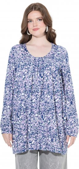 Ulla Popken Allover Printed Pleated Long Sleeve Tee Dark Blue - Trykte T-shirts til kvinder - 