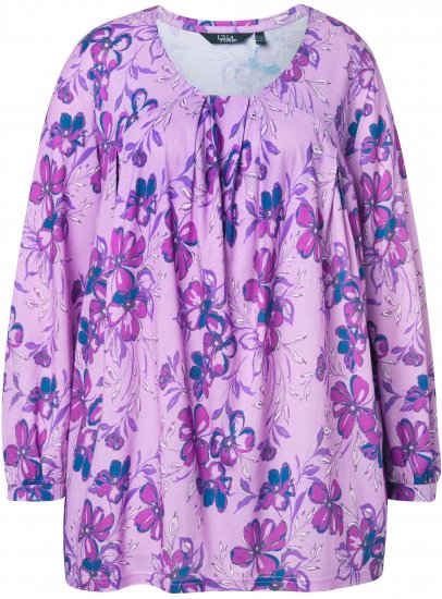 Ulla Popken Allover Printed Pleated Long Sleeve Tee Lavender - Trykte T-shirts til kvinder - Printede T-shirts til Damer