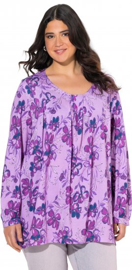 Ulla Popken Allover Printed Pleated Long Sleeve Tee Lavender - Trykte T-shirts til kvinder - Printede T-shirts til Damer