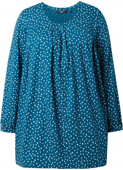 Ulla Popken Pleated Confetti Print Long Sleeve Tee Teal - Trykte T-shirts til kvinder - 