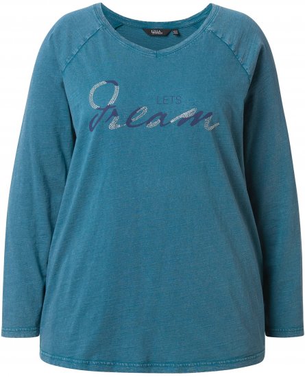 Ulla Popken Dream Rhinestone Lettering Long Sleeve Tee Teal - Trykte T-shirts til kvinder - 