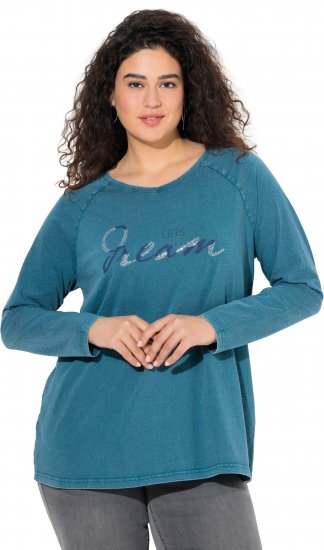 Ulla Popken Dream Rhinestone Lettering Long Sleeve Tee Teal - Trykte T-shirts til kvinder - 