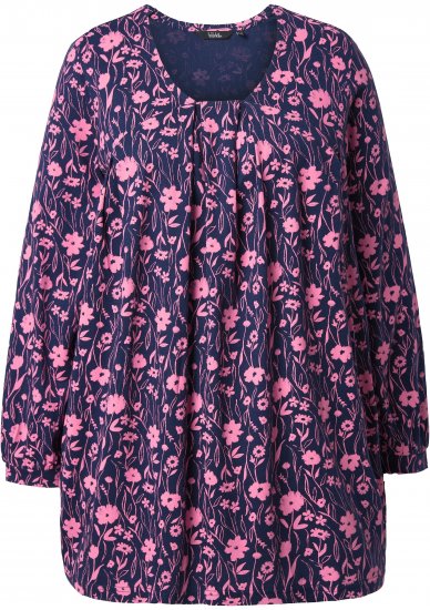 Ulla Popken Pleated Long Sleeve Floral Knit Tunic Ink Blue - Trykte T-shirts til kvinder - 