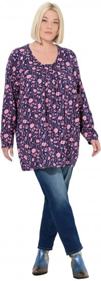 Ulla Popken Pleated Long Sleeve Floral Knit Tunic Ink Blue - Trykte T-shirts til kvinder - 