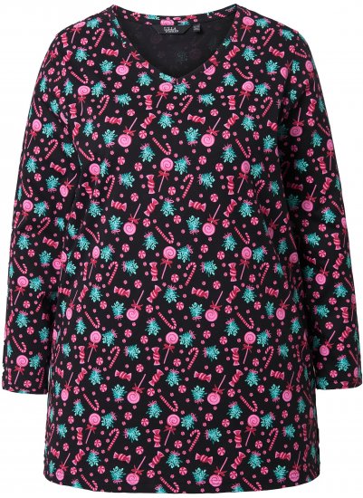 Ulla Popken Peppermint Tree V-Neck Holiday Cotton Long Sleeve Knit Tunic Black - Trykte T-shirts til kvinder - Printede T-shirts til Damer