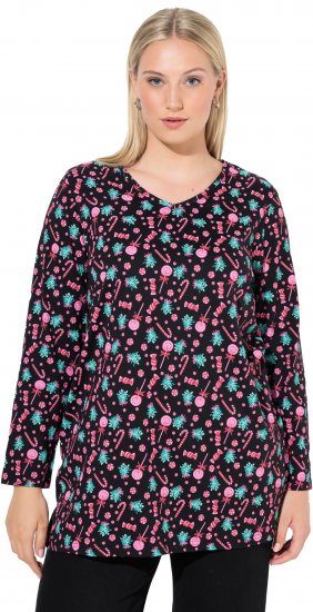 Ulla Popken Peppermint Tree V-Neck Holiday Cotton Long Sleeve Knit Tunic Black - Trykte T-shirts til kvinder - Printede T-shirts til Damer