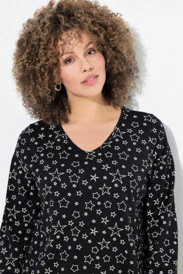 Ulla Popken Allover Printed Long Sleeve Tee Black - Trykte T-shirts til kvinder - Printede T-shirts til Damer