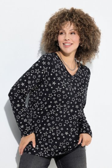 Ulla Popken Allover Printed Long Sleeve Tee Black - Trykte T-shirts til kvinder - Printede T-shirts til Damer