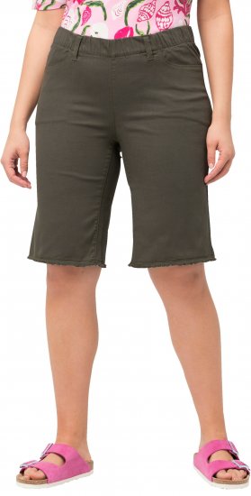 Ulla Popken Frayed Hemline Elastic Waistband Bermuda Shorts Loden Green - Jeans & Bukser i Store Størrelser – Plus Size - 