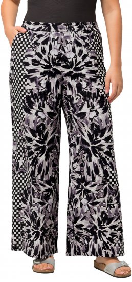 Ulla Popken Checkered Floral Elastic Waist Palazzo Paints Black - Jeans & Bukser i Store Størrelser – Plus Size - Jeans & bukser, EU 42-70