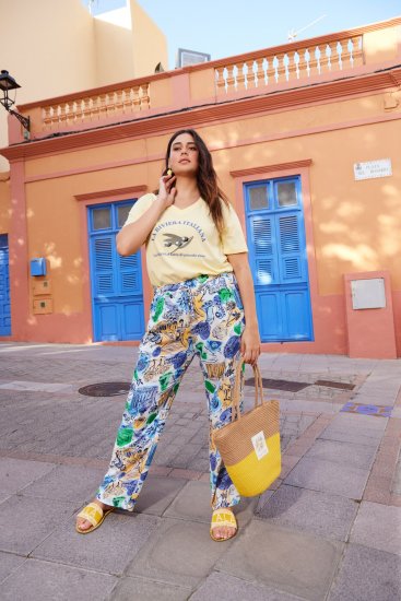 Ulla Popken Italy Print Elastic Waist Pants White - Jeans & Bukser i Store Størrelser – Plus Size - 