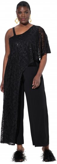 Ulla Popken Asymmetric Lace Panel Jumpsuit Black - Jeans & Bukser i Store Størrelser – Plus Size - 