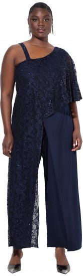 Ulla Popken Asymmetric Lace Panel Jumpsuit Navy - Jeans & Bukser i Store Størrelser – Plus Size - Jeans & bukser, EU 42-70