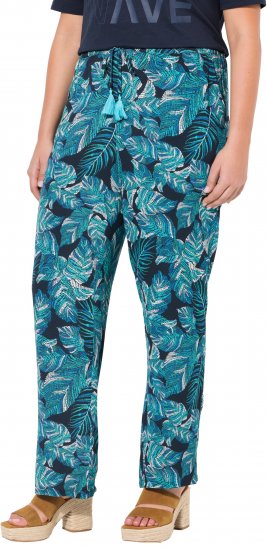 Ulla Popken Tropical Leaf Print Elastic Waist Pants Blue - Jeans & Bukser i Store Størrelser – Plus Size - 