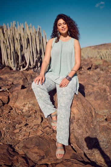 Ulla Popken Mosaic Print Elastic Waist Pants White - Jeans & Bukser i Store Størrelser – Plus Size - 
