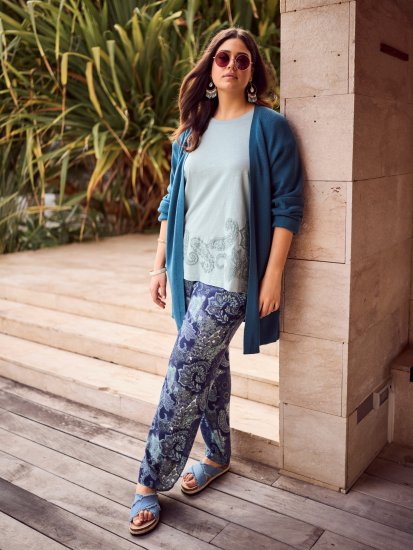 Ulla Popken Patchwork Paisley Elastic Waist Pants Blue - Jeans & Bukser i Store Størrelser – Plus Size - 