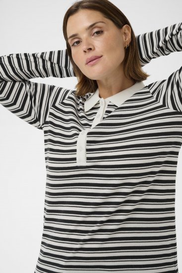 Kaffe Curve Miana Long Sleeve Polo Chalk with Black Stripe - Poloshirts - 