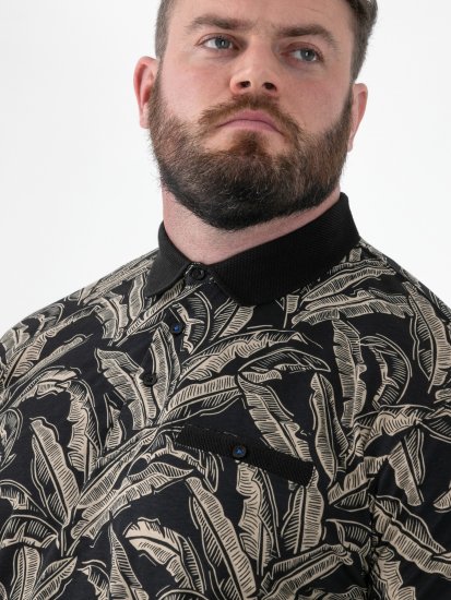 D555 Palmer Leaf Printed Jacquard Collar & Cuff Chest Pocket Polo Black - Polotrøjer - Polotrøjer 2XL-8XL