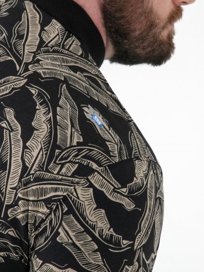 D555 Palmer Leaf Printed Jacquard Collar & Cuff Chest Pocket Polo Black - Polotrøjer - Polotrøjer 2XL-8XL