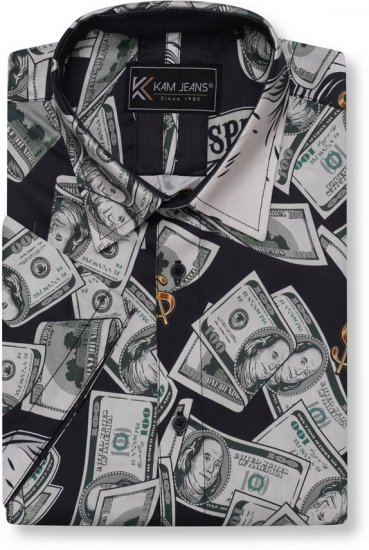 Kam Jeans 6064 Dollar Bills Print Short Sleeve Shirt Black - Skjorter - Skjorter til store mænd 2XL- 8XL