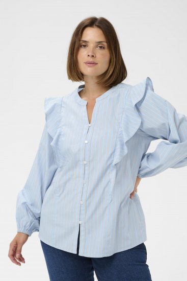 Kaffe Curve Lenia Flounce Shirt Powder Blue Stripe - Skjortebluser - 