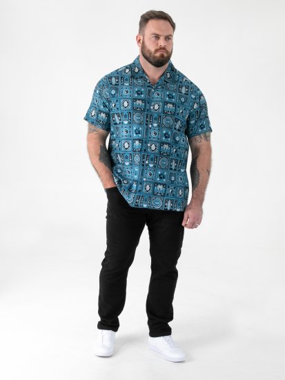 D555 Hawkins Printed Cuban Collar Resort Short Sleeve Shirt Teal - Skjorter - Skjorter til store mænd 2XL- 8XL