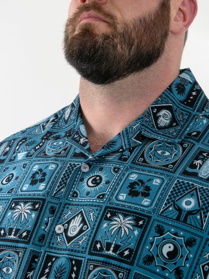 D555 Hawkins Printed Cuban Collar Resort Short Sleeve Shirt Teal - Skjorter - Skjorter til store mænd 2XL- 8XL