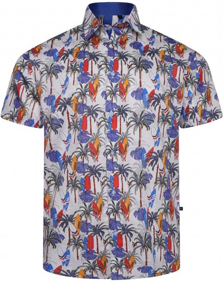 Kam Jeans 6060 Palm Tree and Surf Boards Short Sleeve Shirt White - Skjorter - Skjorter til store mænd 2XL- 8XL