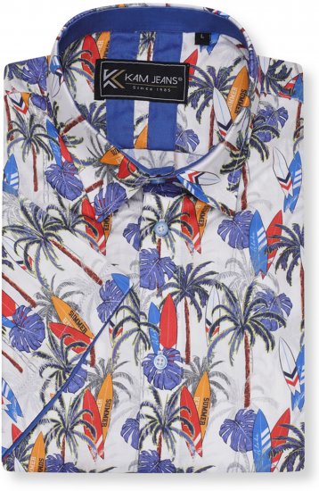 Kam Jeans 6060 Palm Tree and Surf Boards Short Sleeve Shirt White - Skjorter - Skjorter til store mænd 2XL- 8XL