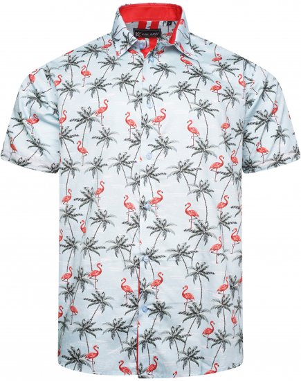 Kam Jeans 6067 Flamingo and Palm Tree Short Sleeve Shirt Blue - Skjorter - Skjorter til store mænd 2XL- 8XL