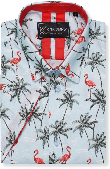Kam Jeans 6067 Flamingo and Palm Tree Short Sleeve Shirt Blue - Skjorter - Skjorter til store mænd 2XL- 8XL