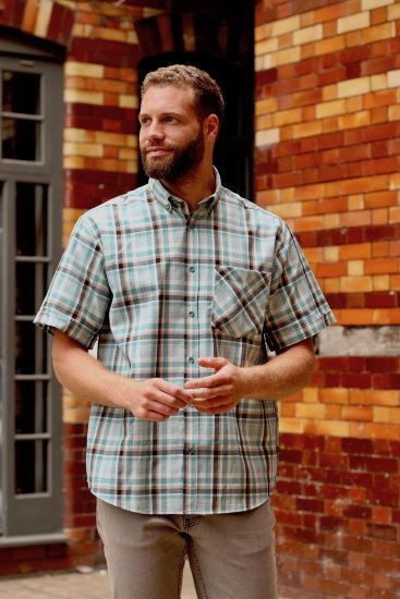 Kam Jeans 6339 Checked Short Sleeve Shirt Mineral Blue - Skjorter - Skjorter til store mænd 2XL- 8XL