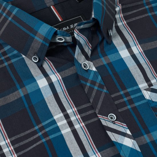Kam Jeans 6380 Casual Checked Short Sleeve Shirt Navy - Kortærmede skjorter - Kortærmede Skjorter Store Størrelser
