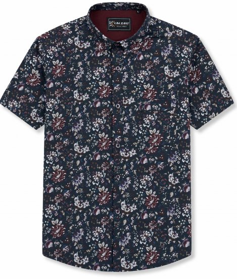 Kam Jeans 6387 Floral Print Short Sleeve Shirt Navy - Kortærmede skjorter - Kortærmede Skjorter Store Størrelser